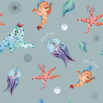 Kids Funny Wallpaper - Under the Sea, Funny Fish, Starfish, Jellyfish Sea Creatures, Octopus, Sea Pearls Exciting Wallpaper for Kids Bedrooms Kids Play areas Made UK seagreen background colour  