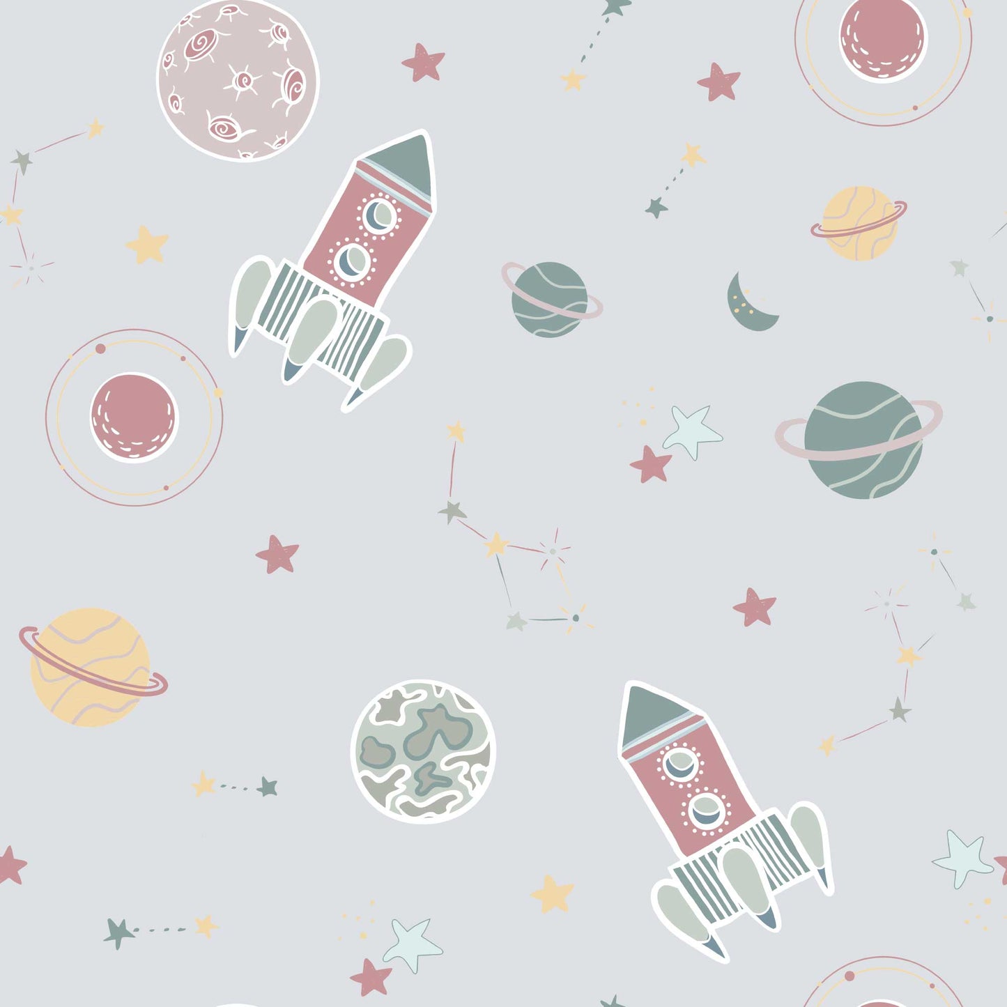 Pale Grey Nursery Bedroom Wallpaper Planets Rockets Shooting Stars Personalised