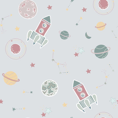 Pale Grey Nursery Bedroom Wallpaper Planets Rockets Shooting Stars Personalised