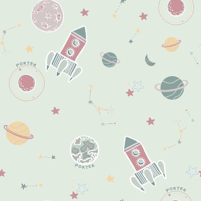 Pale Green Nursery Bedroom Wallpaper Planets Rockets Shooting Stars Personalised