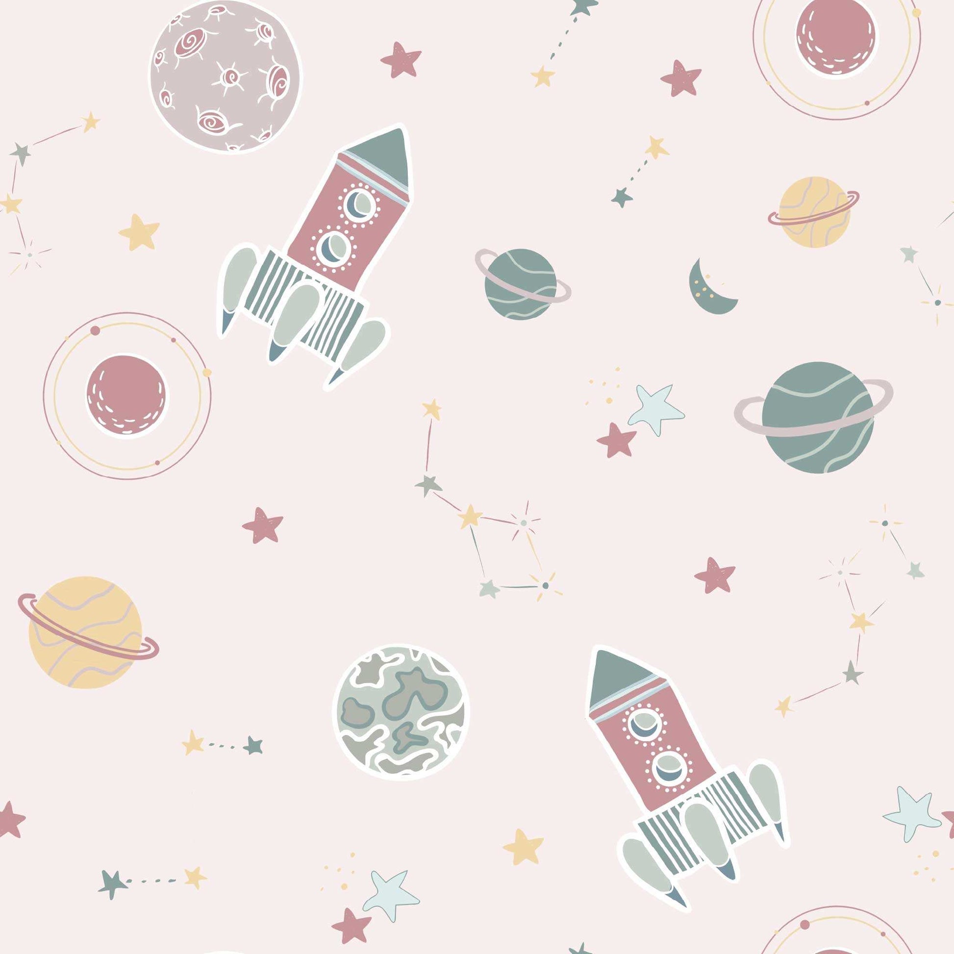 Baby Pink Nursery Bedroom Wallpaper Planets Rockets Shooting Stars Personalised