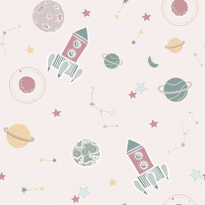 Baby Pink Nursery Bedroom Wallpaper Planets Rockets Shooting Stars Personalised