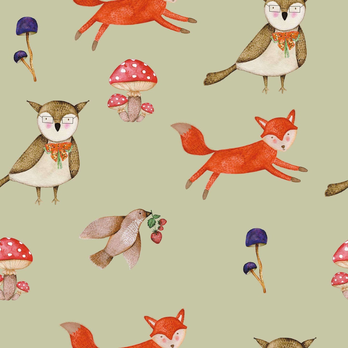 Kids Bedroom Wallpaper A woodland adventure, baby or kids wallpaper for any nursery, bedroom or playroom. Wise owl, fox, graceful bird bring this children's animal  personalised wallpaper to life. Warm light green background 