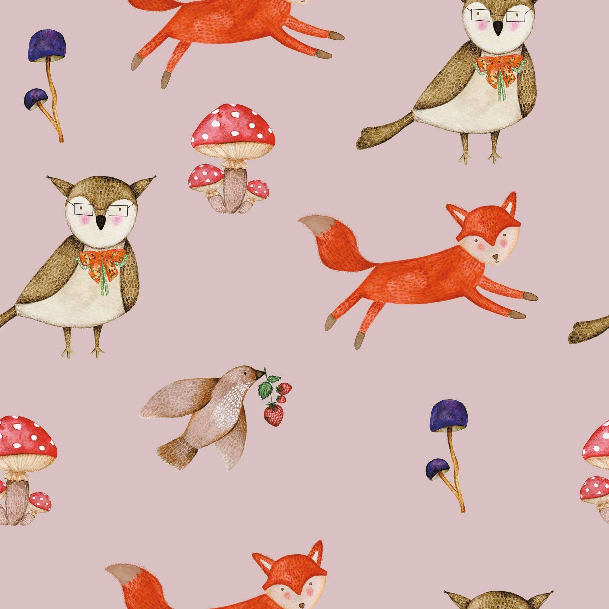 Kids Bedroom Wallpaper A woodland adventure, baby or kids wallpaper for any nursery, bedroom or playroom. Wise owl, fox, graceful bird bring this children's animal  personalised wallpaper to life. Warm pink background 