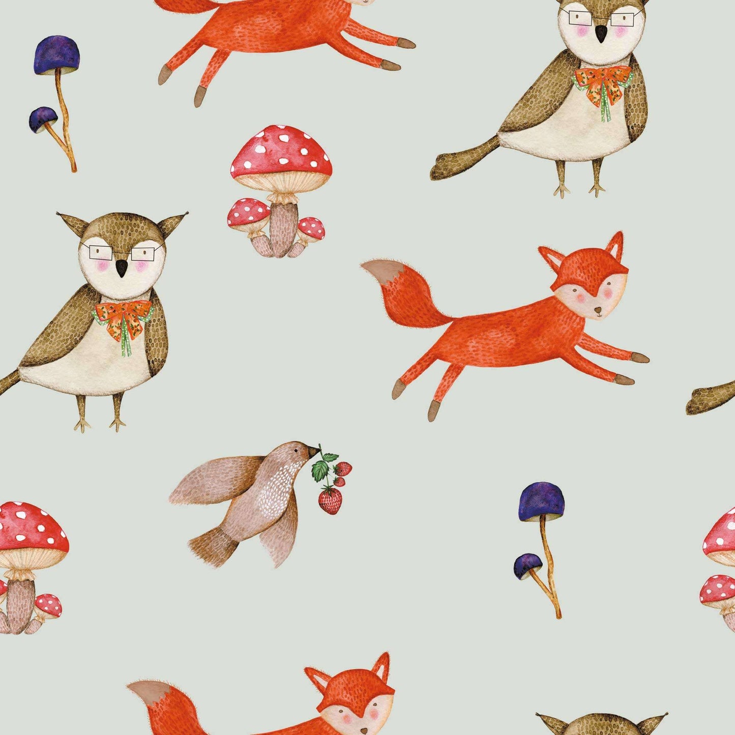Kids Bedroom Wallpaper  A woodland adventure, baby or kids wallpaper for any nursery, bedroom or playroom. Wise owl, fox, graceful bird bring this children's animal  personalised wallpaper to life. Warm grey background 