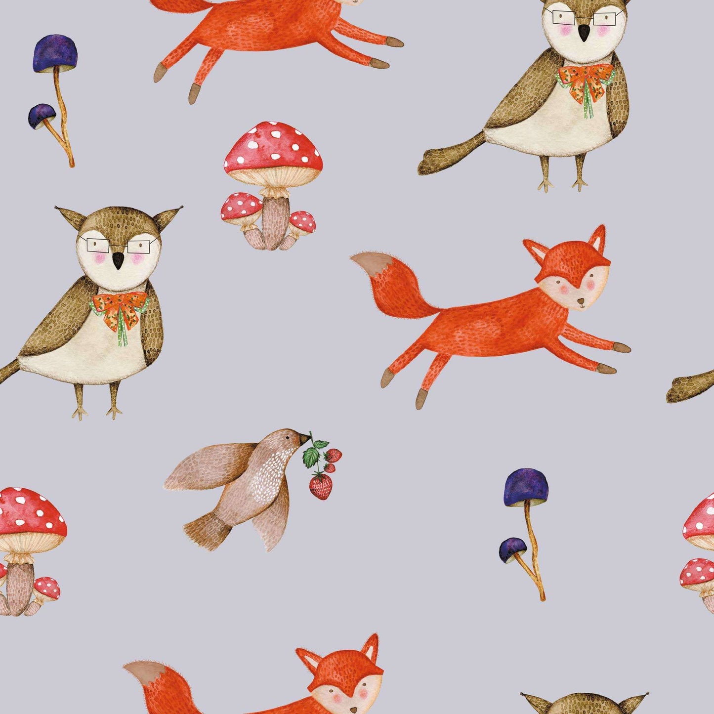 Kids Bedroom Wallpaper A woodland adventure, baby or kids wallpaper for any nursery, bedroom or playroom. Wise owl, fox, graceful bird bring this children's animal  personalised wallpaper to life. Cool blue  grey background 