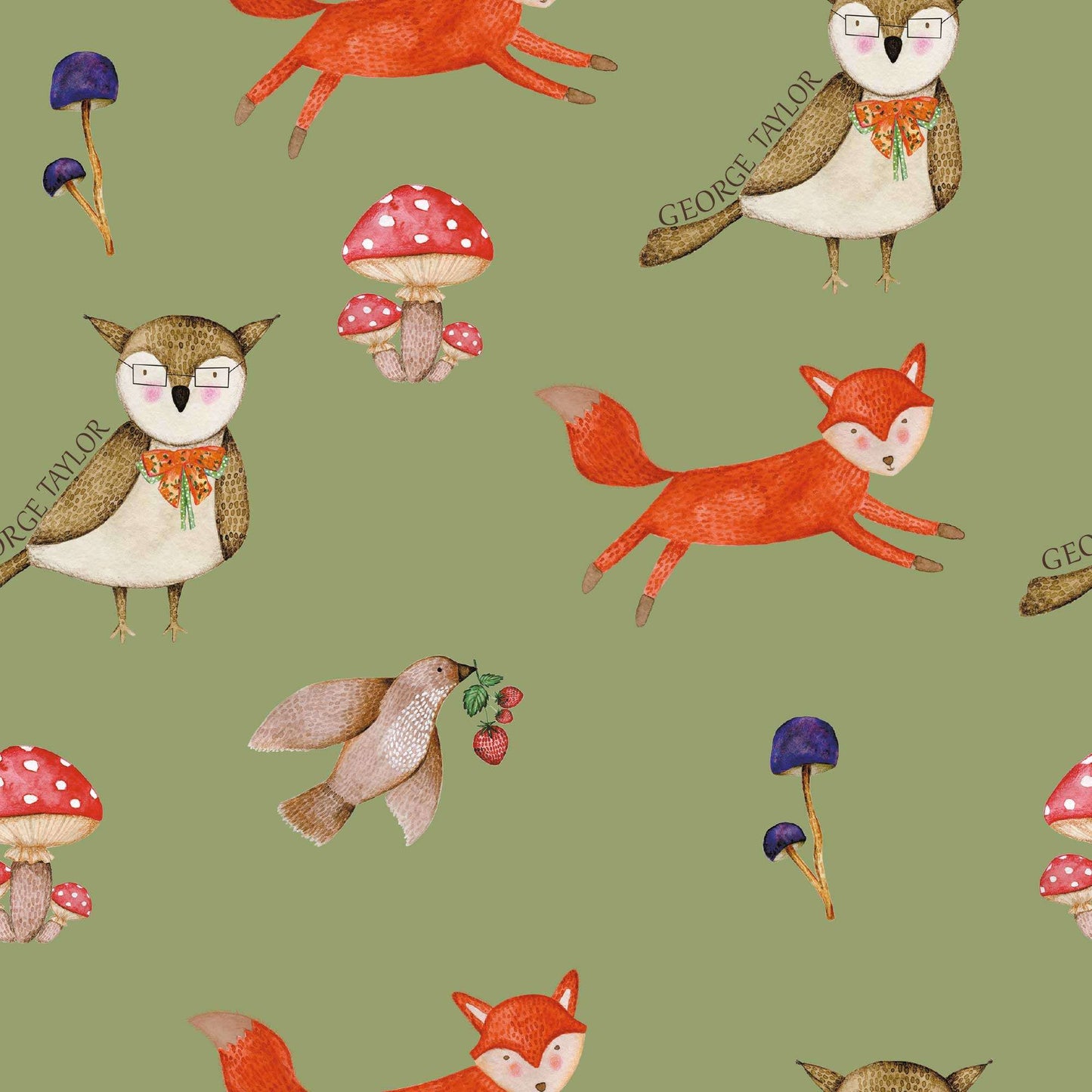 Kids Bedroom Wallpaper A woodland adventure, baby or kids wallpaper for any nursery, bedroom or playroom. Wise owl, fox, graceful bird bring this children's animal  personalised wallpaper to life. Warm mid sage green  background 