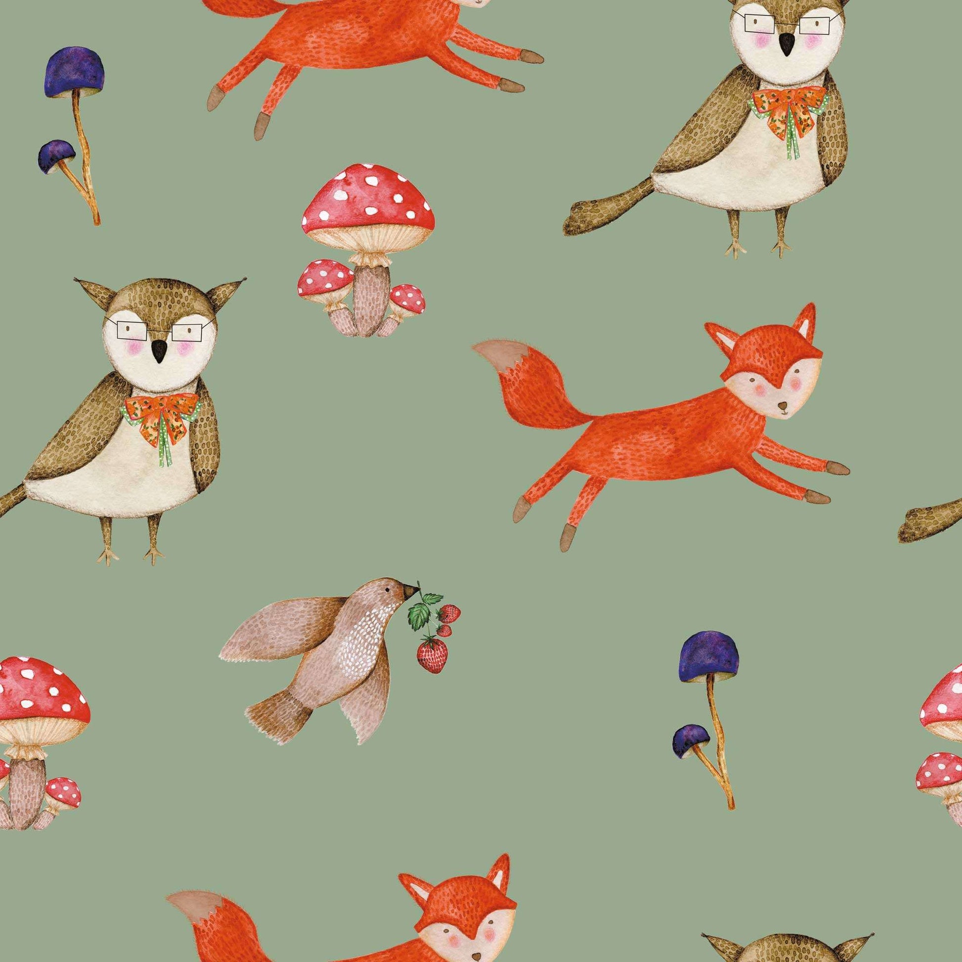 Kids Bedroom Wallpaper A woodland adventure, baby or kids wallpaper for any nursery, bedroom or playroom. Wise owl, fox, graceful bird bring this children's animal  personalised wallpaper to life. Sage Green background SLEEPTIGHT - MAIN DESIGN