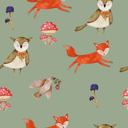Kids Bedroom Wallpaper A woodland adventure, baby or kids wallpaper for any nursery, bedroom or playroom. Wise owl, fox, graceful bird bring this children's animal  personalised wallpaper to life. Sage Green background SLEEPTIGHT - MAIN DESIGN