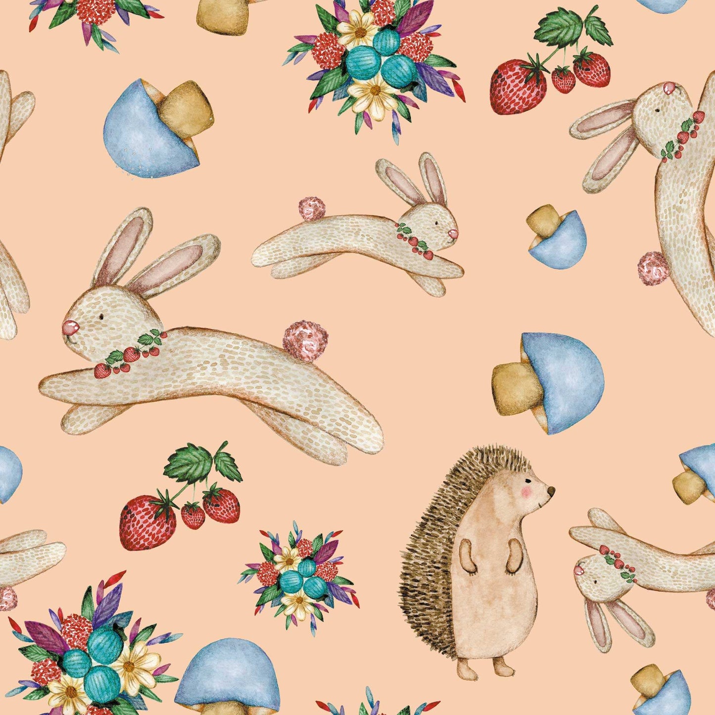 Babies Bunny Wallpaper  Rabbit Hedgehog Flower Mushroom Personalised in Peach 