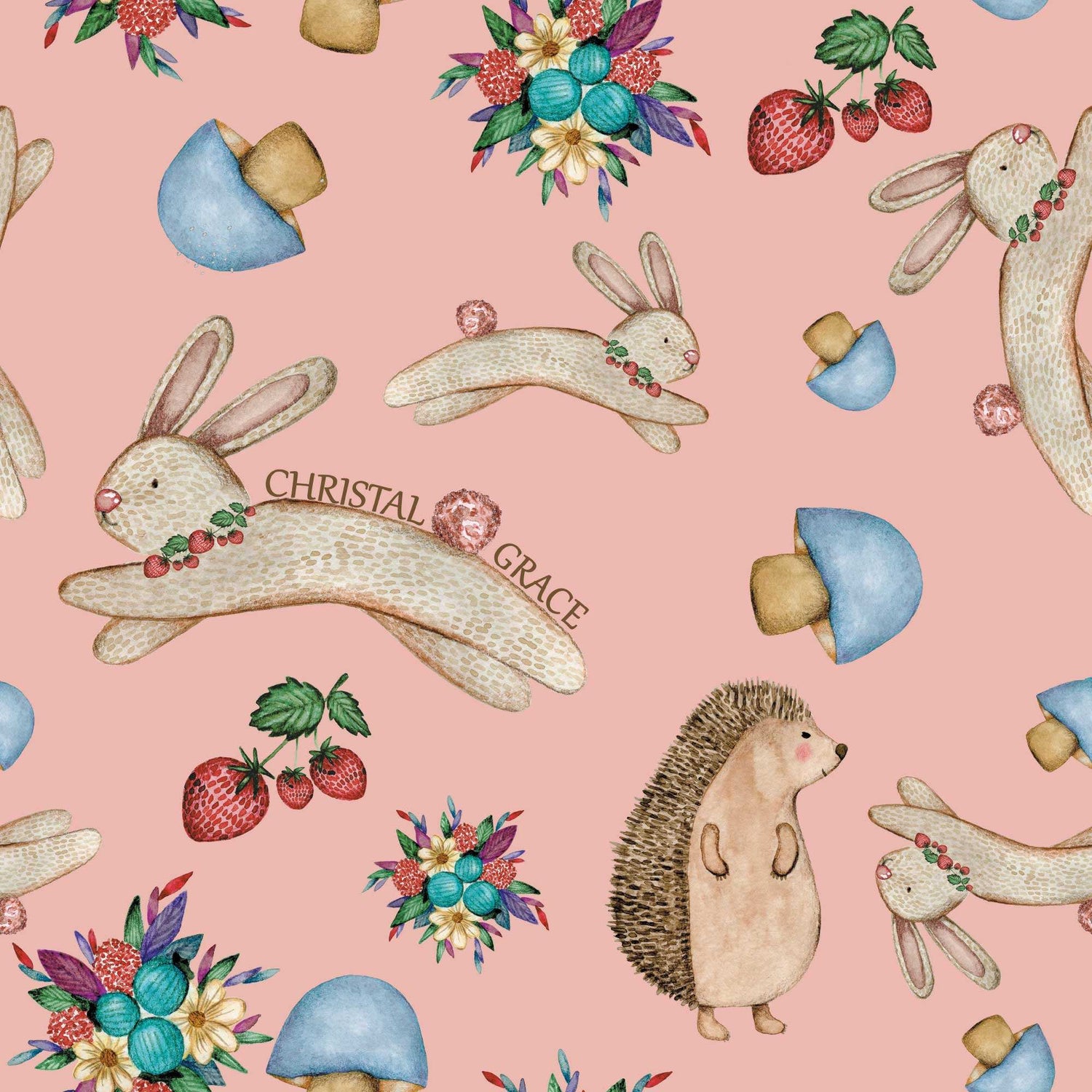 Babies Bunny Wallpaper  Rabbit Hedgehog Flower Mushroom Personalised in Pink 