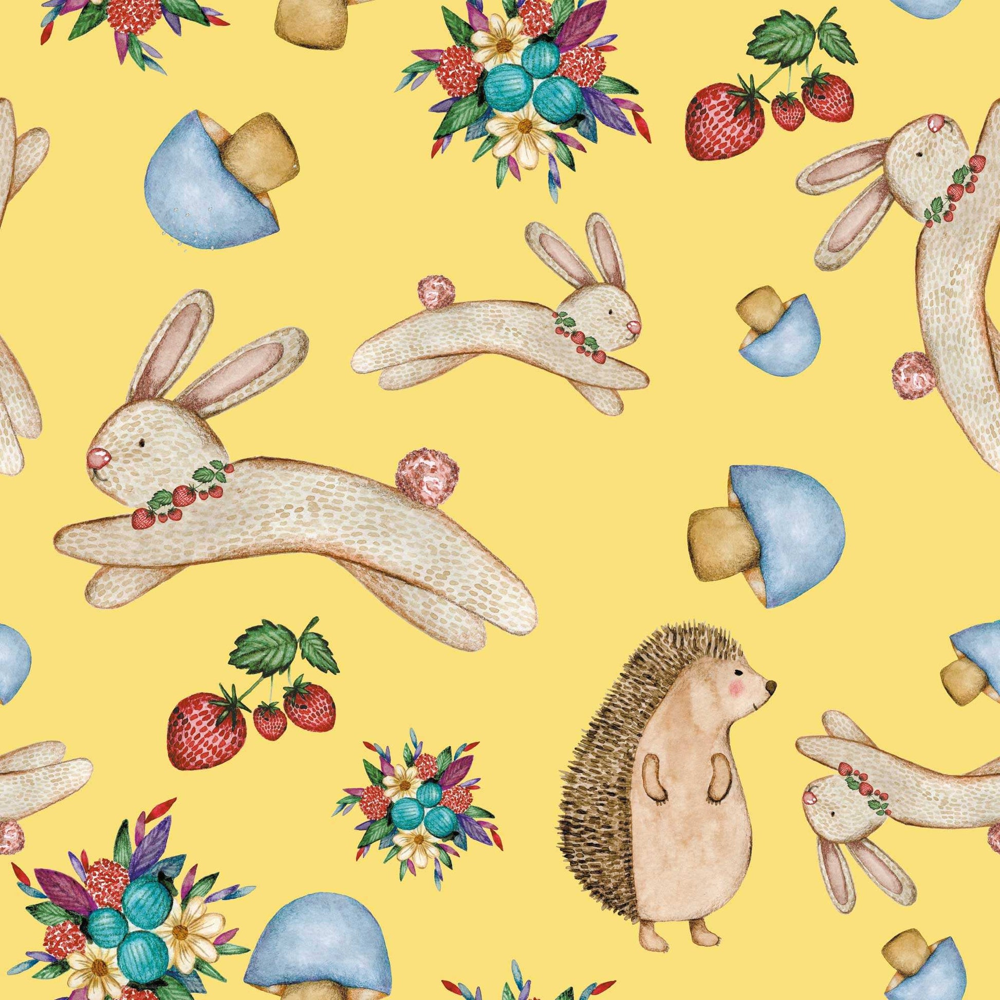 Babies Bunny Wallpaper  Rabbit Hedgehog Flower Mushroom Personalised in Sunshine Yellow 