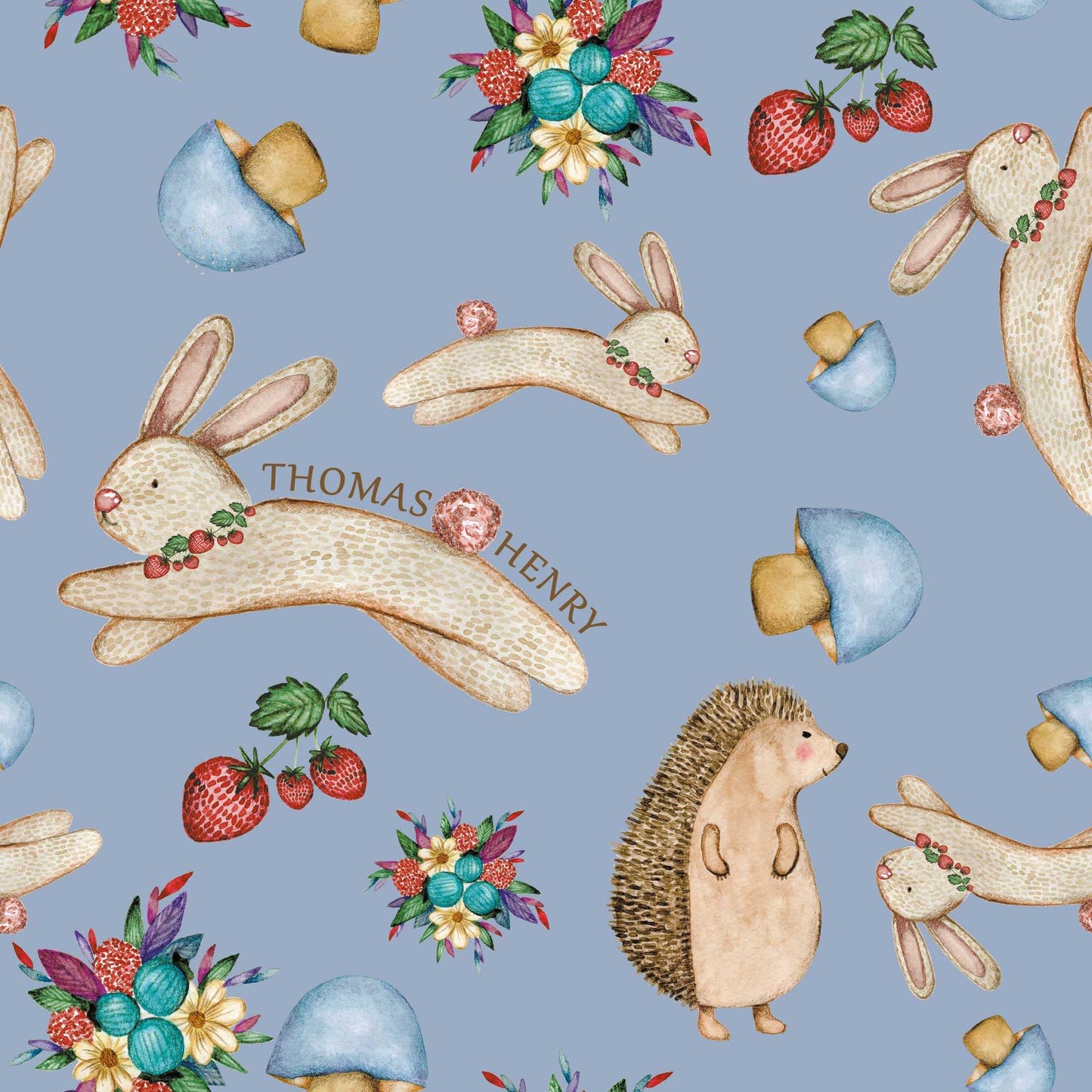 Babies Bunny Wallpaper  Rabbit Hedgehog Flower Mushroom Personalised in Blue 