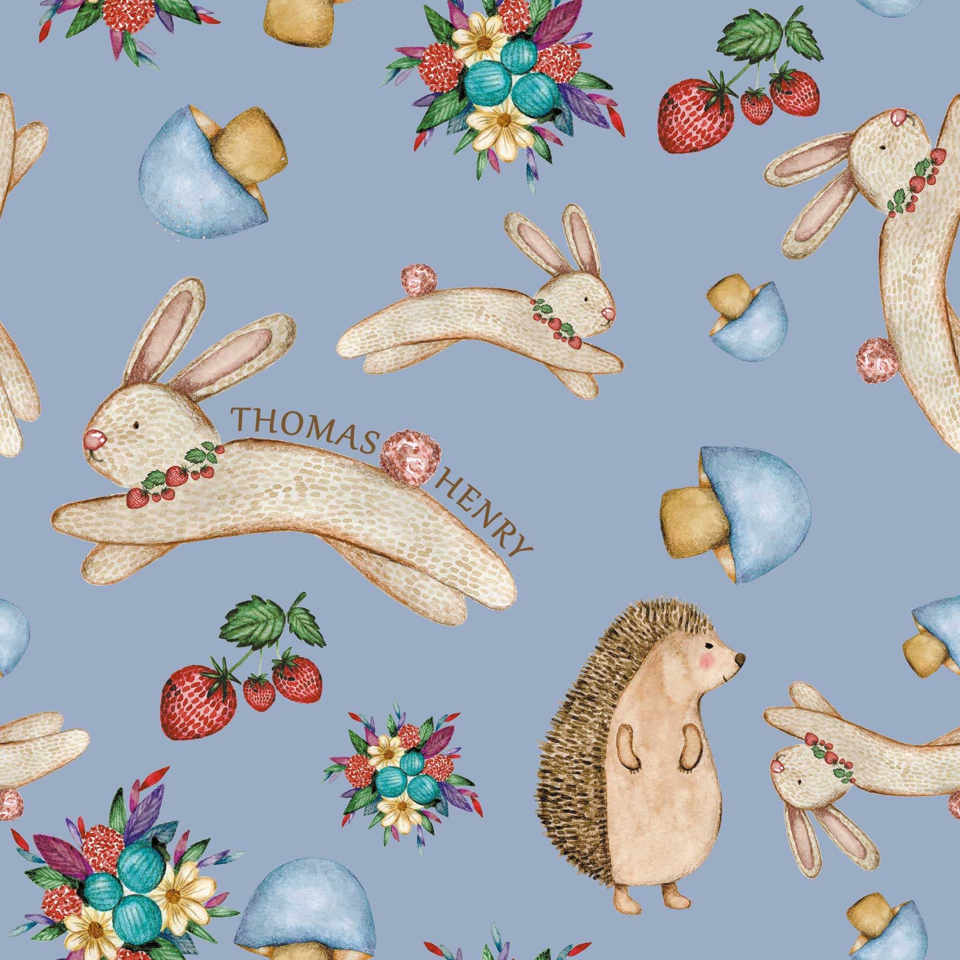 Babies Bunny Wallpaper  Rabbit Hedgehog Flower Mushroom Personalised in Blue 