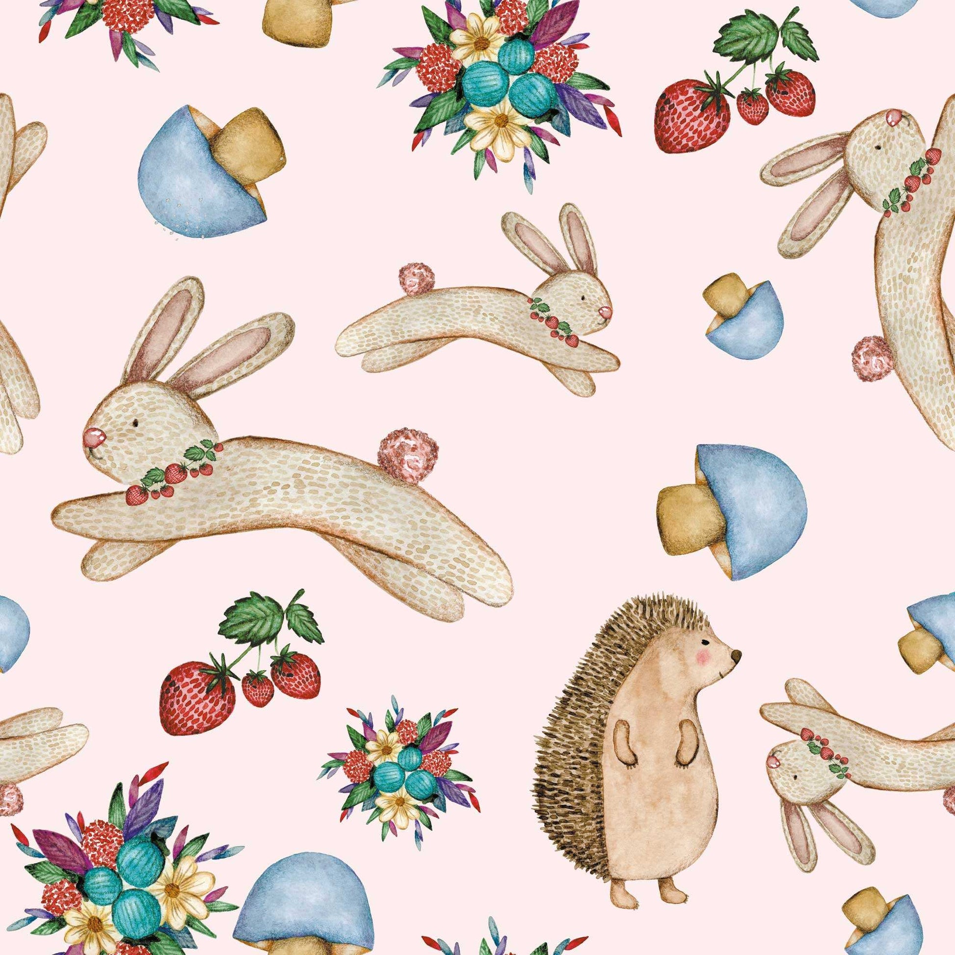 Babies Bunny Wallpaper  Rabbit Hedgehog Flower Mushroom Personalised in Baby Pink 